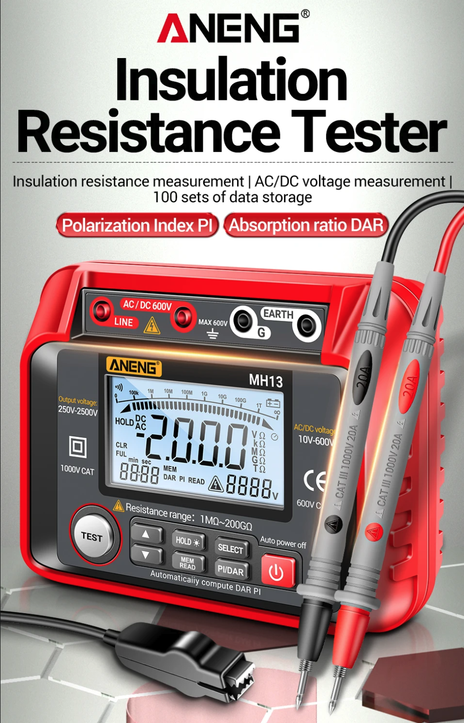 Gambar produk ANENG Digital Megohmmeter Multifungsi Voltage Tester 2500V - MH13
