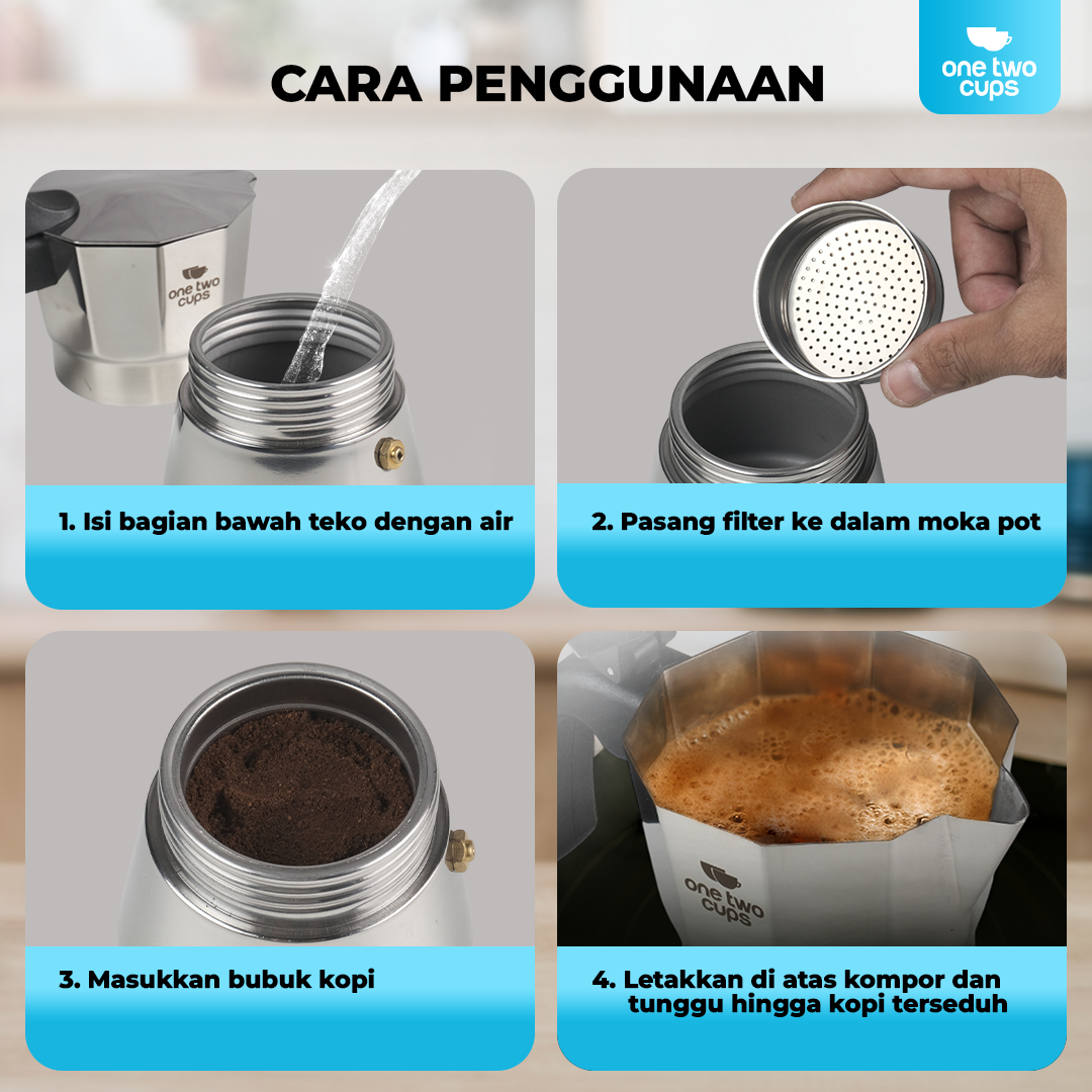 One Two Cups Moka Pot Italian Espresso Coffee Maker Stainless Steel 300ml - W-767 Gambar produk One Two Cups Moka Pot Italian Espresso Coffee Maker Stainless Steel 300ml - W-767