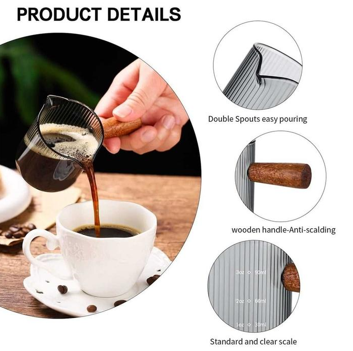 KEMORELA Gelas Takar Kopi Measuring Wooden Handle Double Spout 120ml - KS12 Gambar produk KEMORELA Gelas Takar Kopi Measuring Wooden Handle Double Spout 120ml - KS12