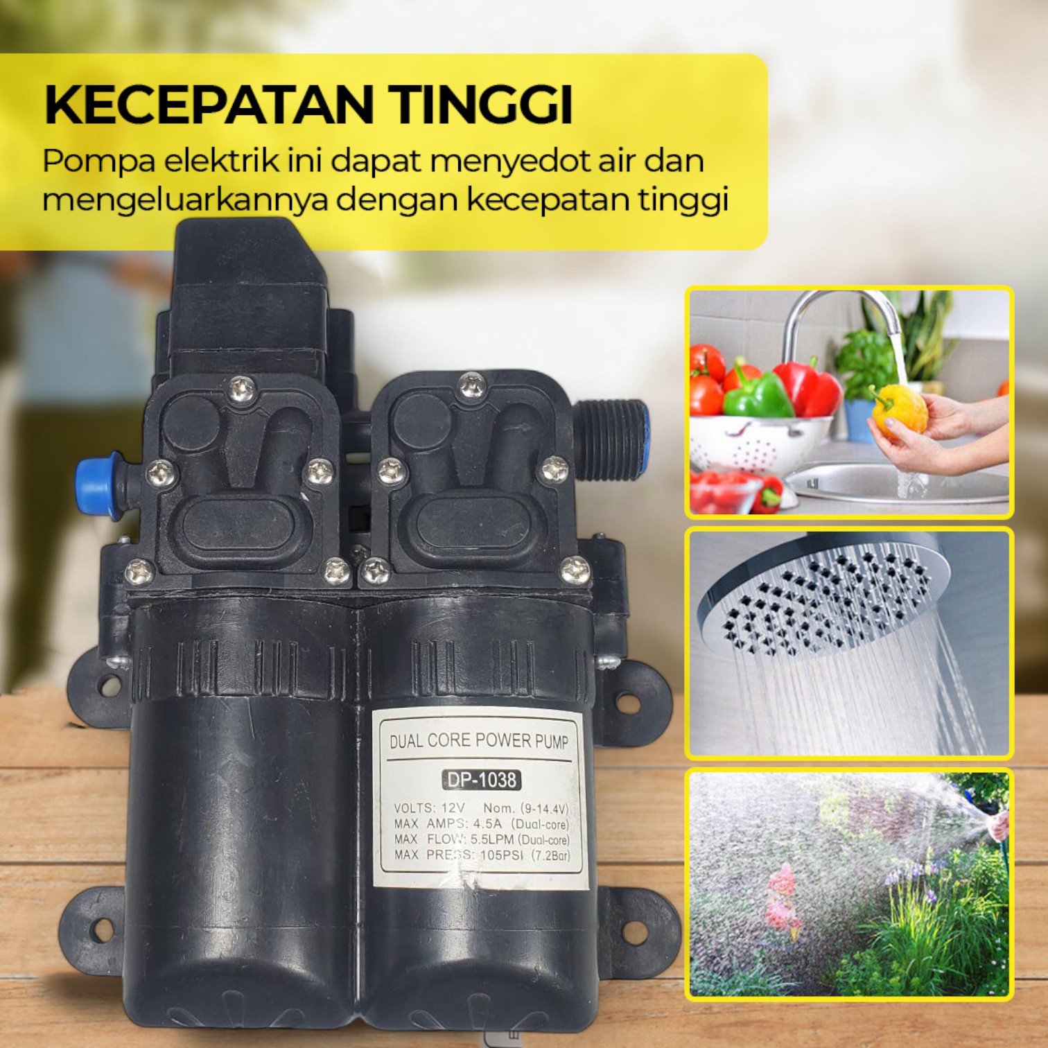 Gambar produk MUDEBI Pompa Air Elektrik Dual Core High Pressure Pump 12V 105 PSI - DP-1036