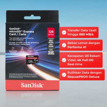 SanDisk microSD Express UHS-I Class 10 U3 880MB/s 128GB - SDSQXFN Gambar produk SanDisk microSD Express UHS-I Class 10 U3 880MB/s 128GB - SDSQXFN