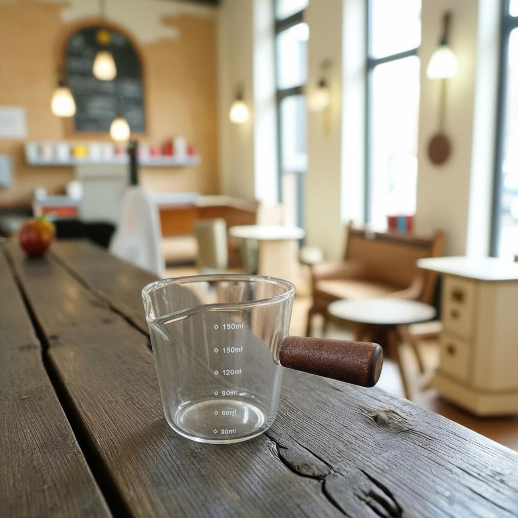 MIKIO Gelas Takar Kopi Espresso Shot Measuring Cup Wooden Handle 180ml - MK-18 Gambar produk MIKIO Gelas Takar Kopi Espresso Shot Measuring Cup Wooden Handle 180ml - MK-18