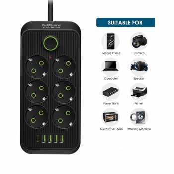 Gambar produk Taffware Stop Kontak Kabel USB Type C 10A 110-250V 2500W 1.8M 6 Lubang - F06U/QL-1075U