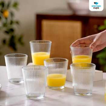 Gambar produk One Two Cups Gelas Kaca Aesthetic Kopi Teh Simple Stripe Glass 240ml - IN-34