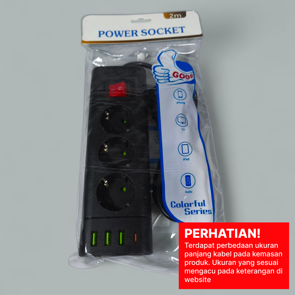 Gambar produk YIGOU Stop Kontak Kabel USB Type C 10A 110-250V 2500W 1.8M 3 Lubang - 1111U