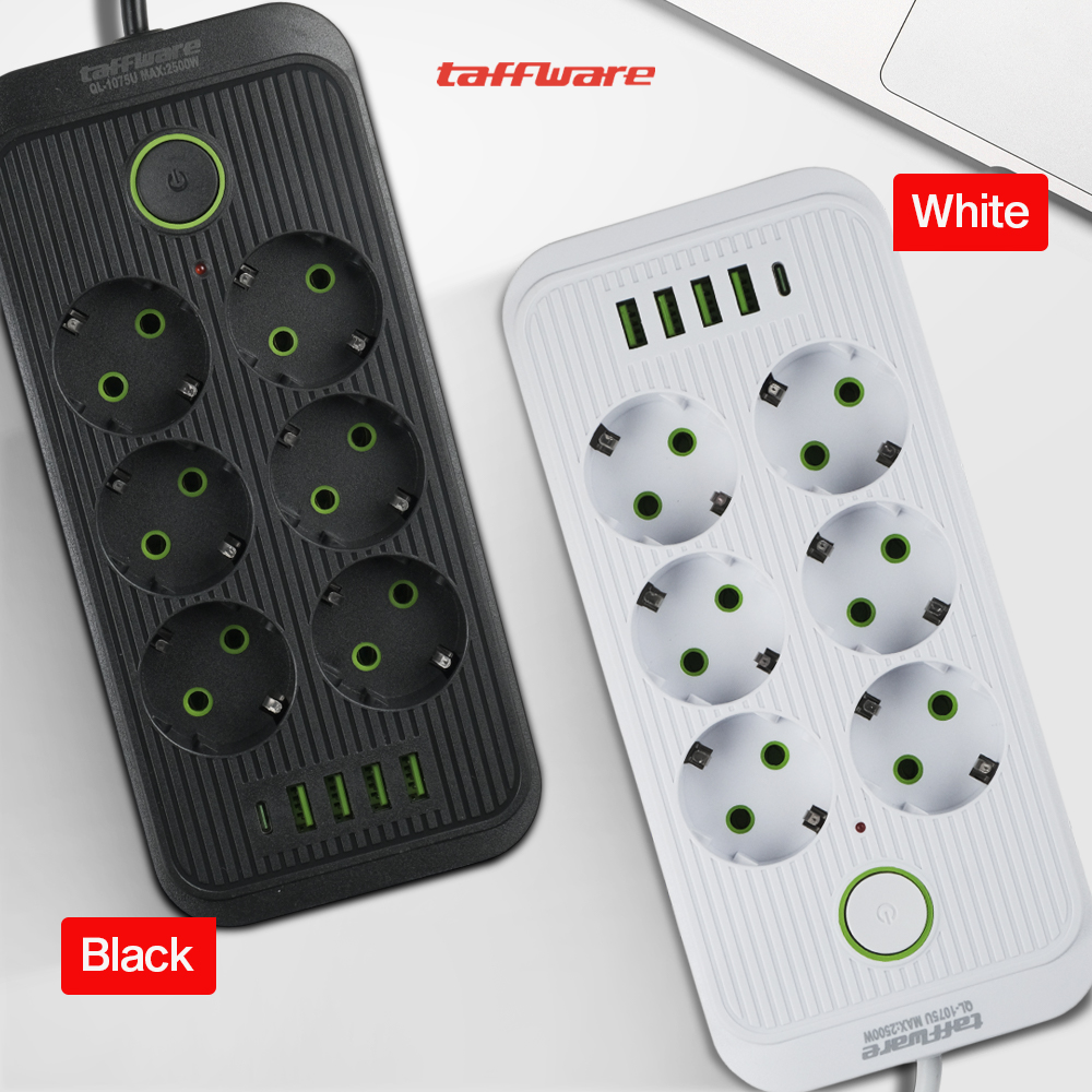 Gambar produk Taffware Stop Kontak Kabel USB Type C 10A 110-250V 2500W 1.8M 6 Lubang - QL-1075U