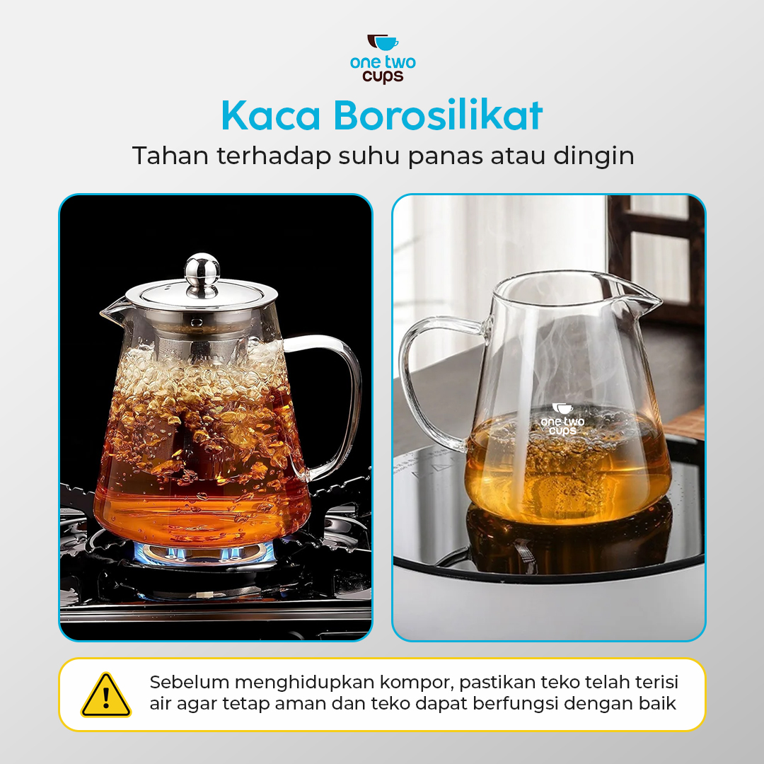One Two Cups Teko Teh Kaca Saringan Tahan Panas Api Infuser Teapot 950ml - TP-760 Gambar produk One Two Cups Teko Teh Kaca Saringan Tahan Panas Api Infuser Teapot 950ml - TP-760