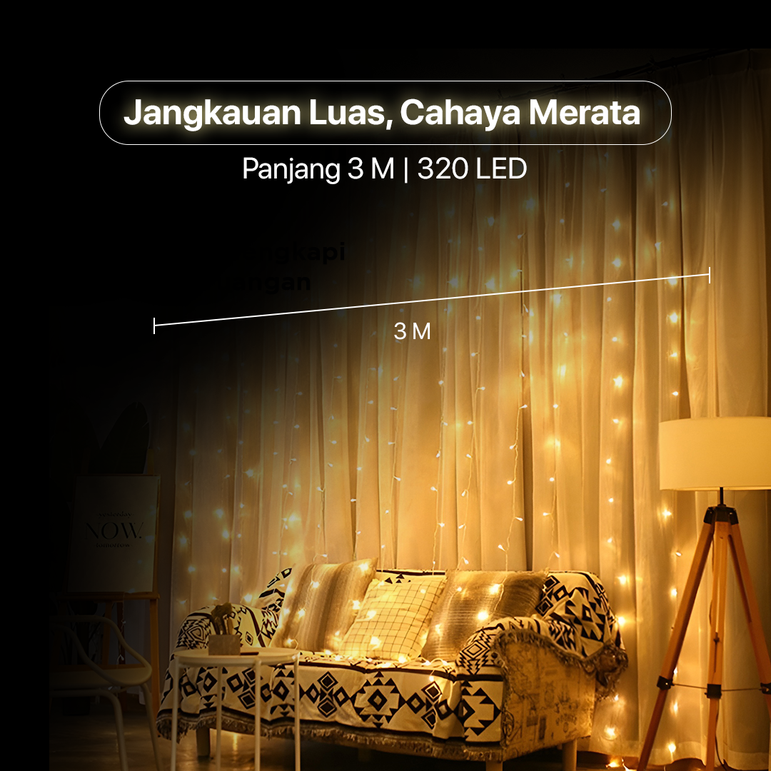 Kaslam Lampu Hias Gorden String Lights Wall Decoration 18W 3x3M 320 LED - S-32 Gambar produk Kaslam Lampu Hias Gorden String Lights Wall Decoration 18W 3x3M 320 LED - S-32