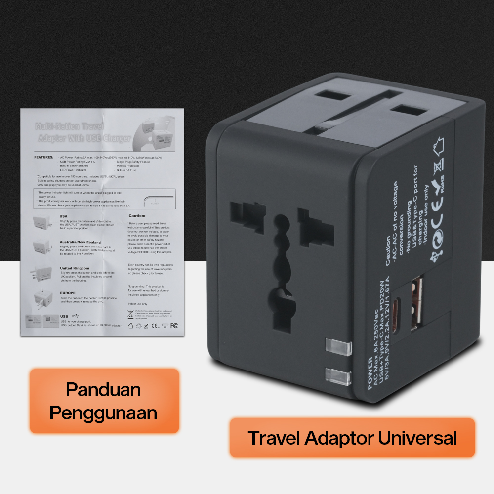 TRAVOR Universal Travel Adaptor Colokan Charger Adapter USB PD 1380W - TR020 Gambar produk TRAVOR Universal Travel Adaptor Colokan Charger Adapter USB PD 1380W - TR020