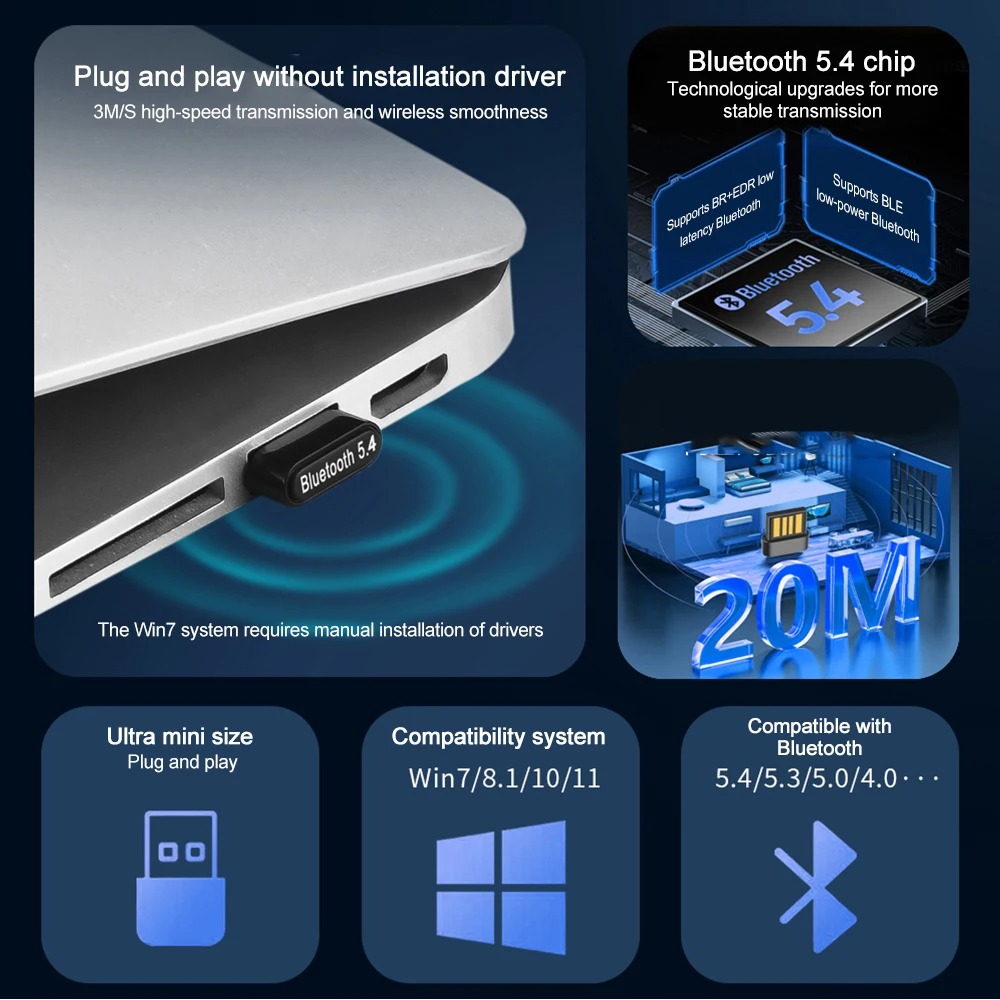 Kebidu Adapter Bluetooth 5.4 USB Dongle Receiver Transmitter - KD-54 Gambar produk Kebidu Adapter Bluetooth 5.4 USB Dongle Receiver Transmitter - KD-54