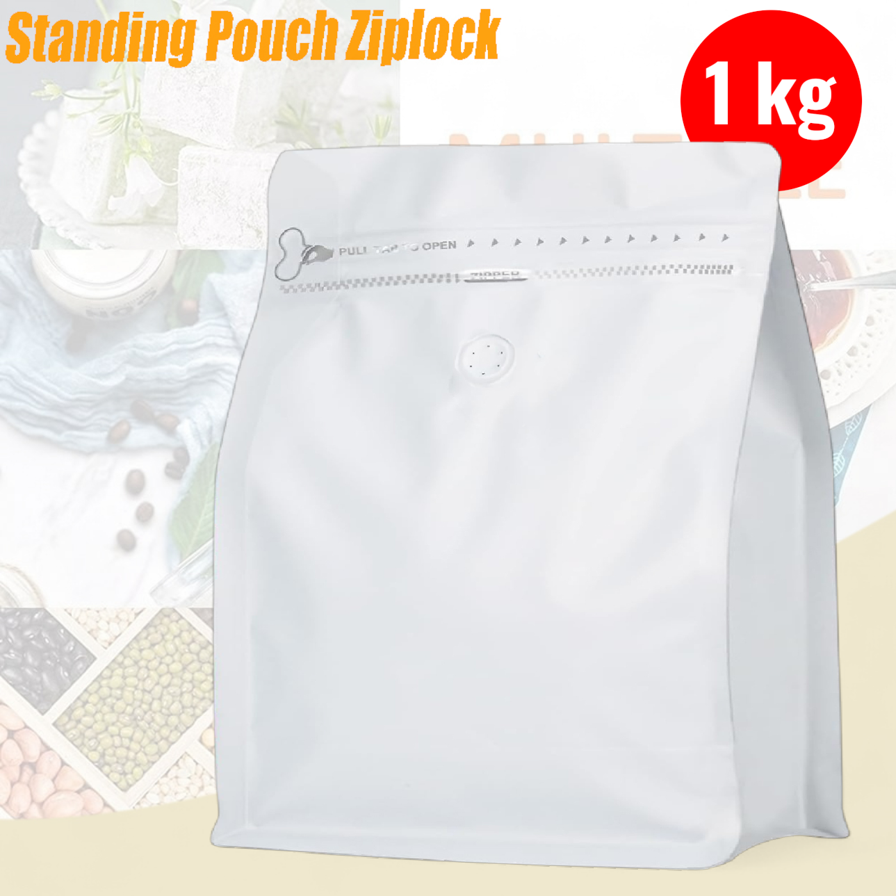 KOFE Kemasan Kopi Standing Pouch Ziplock Flat Bottom with Valve 10 PCS 1kg - KF-10 Gambar produk KOFE Kemasan Kopi Standing Pouch Ziplock Flat Bottom with Valve 10 PCS 1kg - KF-10