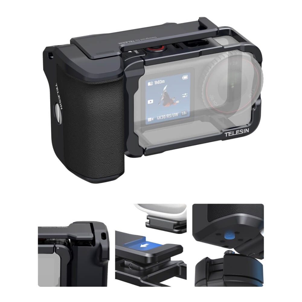 Gambar produk TELESIN Handle Grip Action Camera DJI Osmo Action 6 Aluminium Cage - S6-FMS-36-TDJ