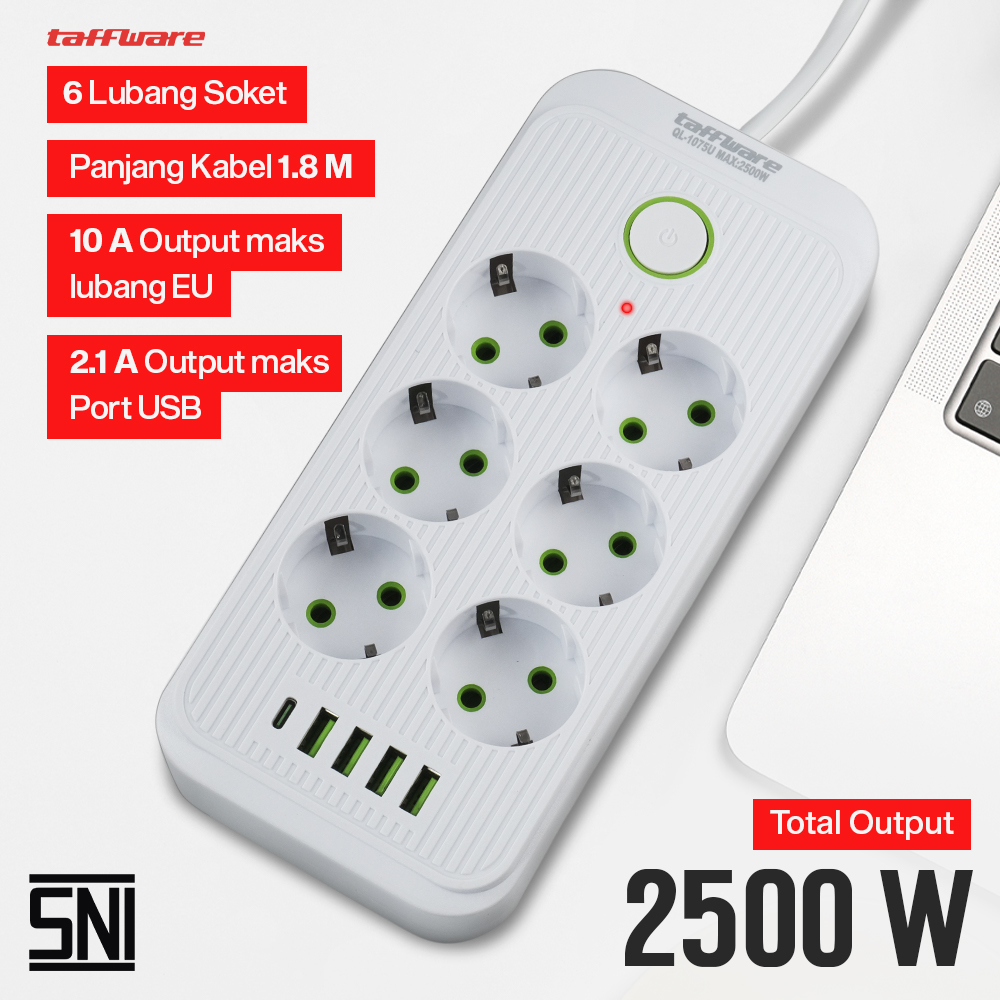 Gambar produk Taffware Stop Kontak Kabel USB Type C 10A 110-250V 2500W 1.8M 6 Lubang - QL-1075U
