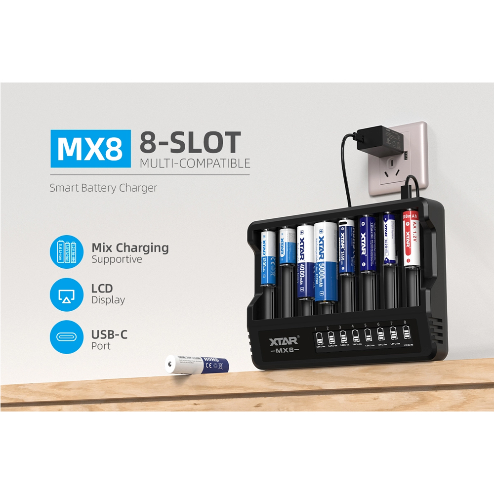 Gambar produk XTAR Charger Baterai 8 Slot AA AAA 1.5V Li-Ion 1.2V Ni-MH LCD Type C - MX8