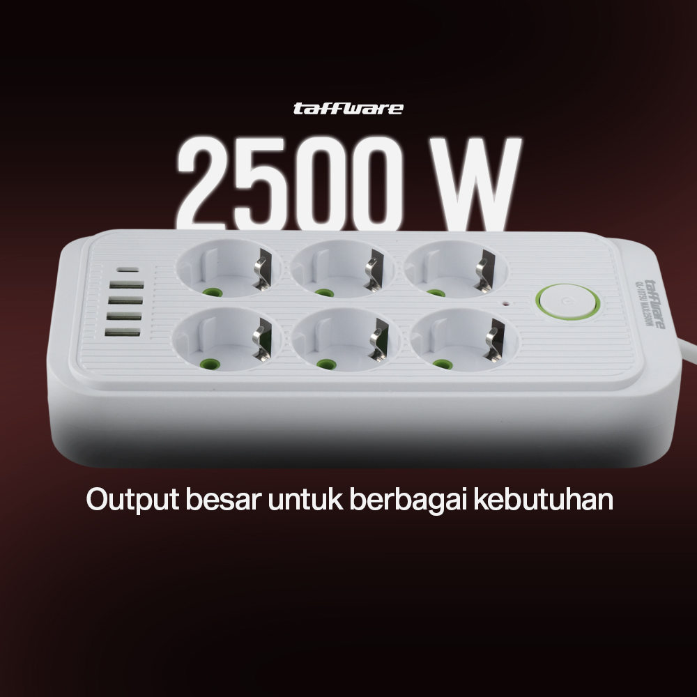 Gambar produk Taffware Stop Kontak Kabel USB Type C 10A 110-250V 2500W 1.8M 6 Lubang - QL-1075U