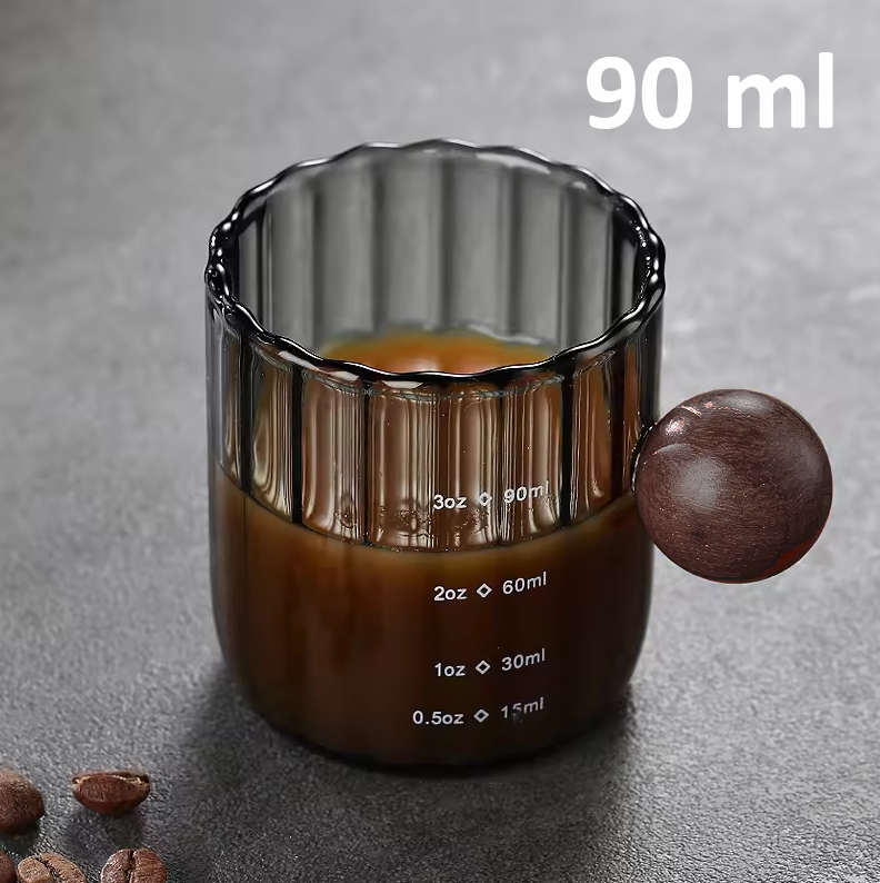 KEMORELA Gelas Takar Kopi Measuring Wooden Round Beads Glass 90ml - KS13 Gambar produk KEMORELA Gelas Takar Kopi Measuring Wooden Round Beads Glass 90ml - KS13