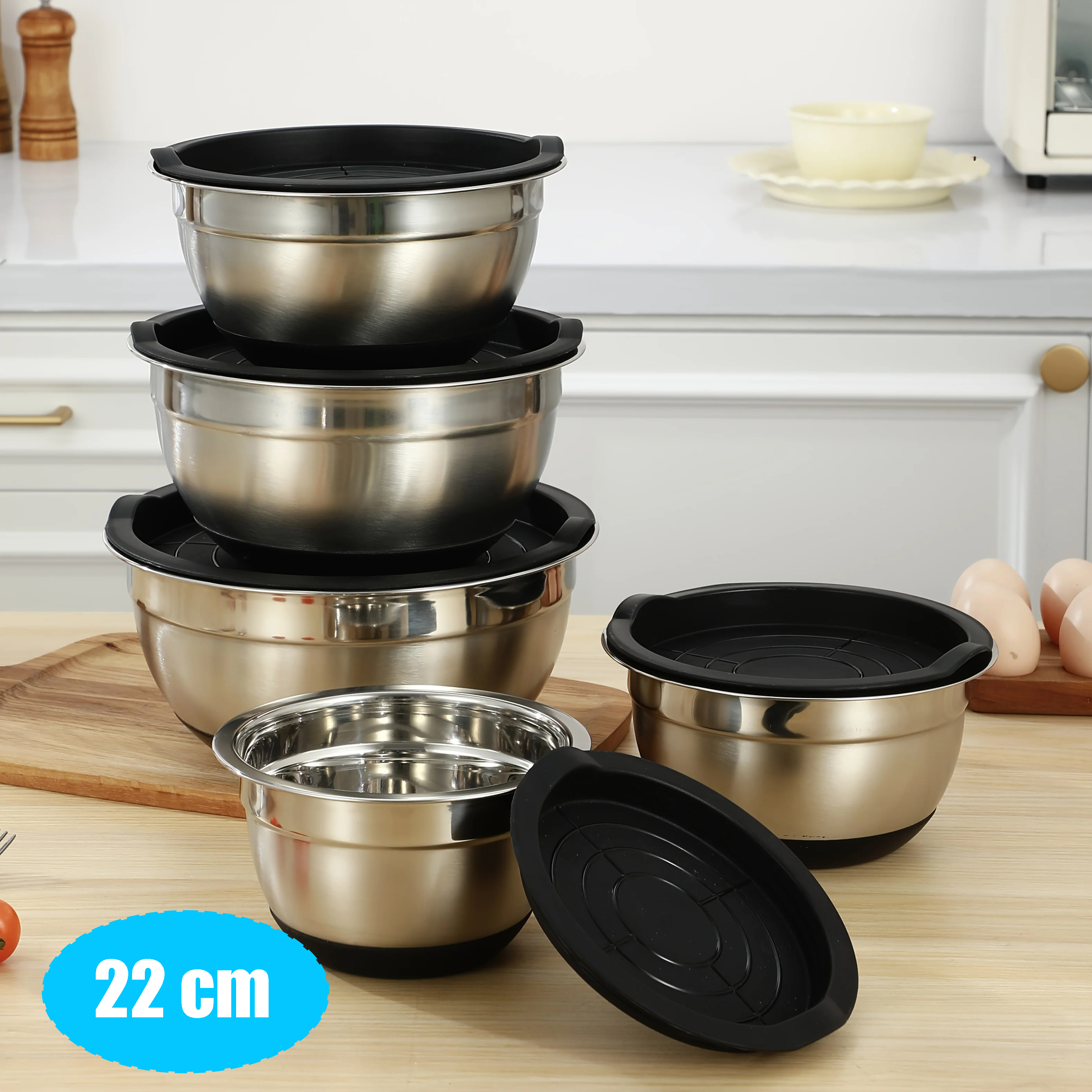 MEJIMA Mangkuk Salad Mixing Bowl Anti Slip Stainless 201 with Lid 22cm - MJ-201 Gambar produk MEJIMA Mangkuk Salad Mixing Bowl Anti Slip Stainless 201 with Lid 22cm - MJ-201