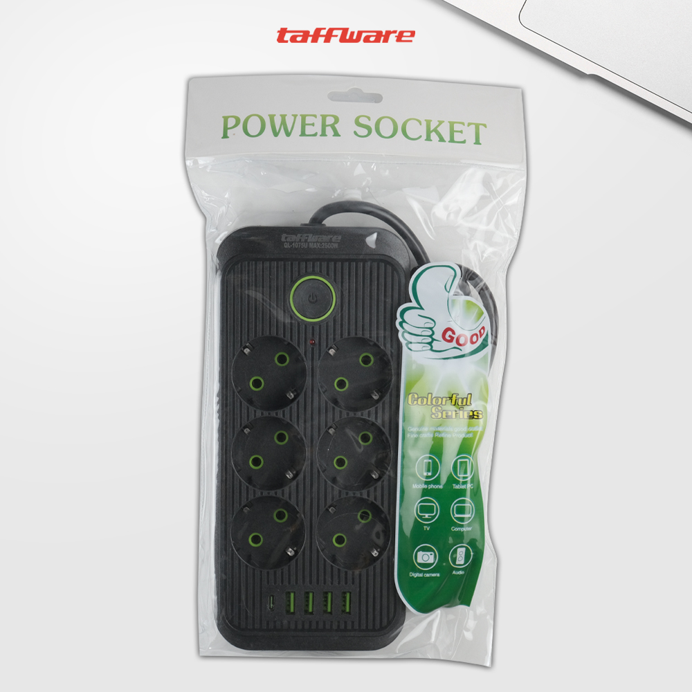 Gambar produk Taffware Stop Kontak Kabel USB Type C 10A 110-250V 2500W 1.8M 6 Lubang - QL-1075U