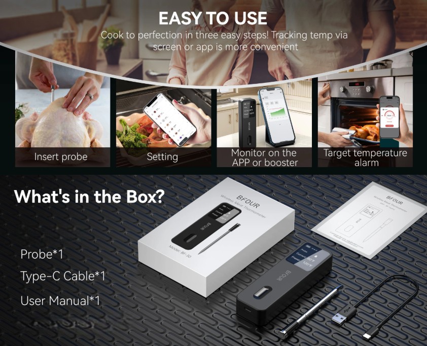 BFOUR Termometer Makanan Digital Daging BBQ Bluetooth Screen 1 Probe - BF-30 Gambar produk BFOUR Termometer Makanan Digital Daging BBQ Bluetooth Screen 1 Probe - BF-30