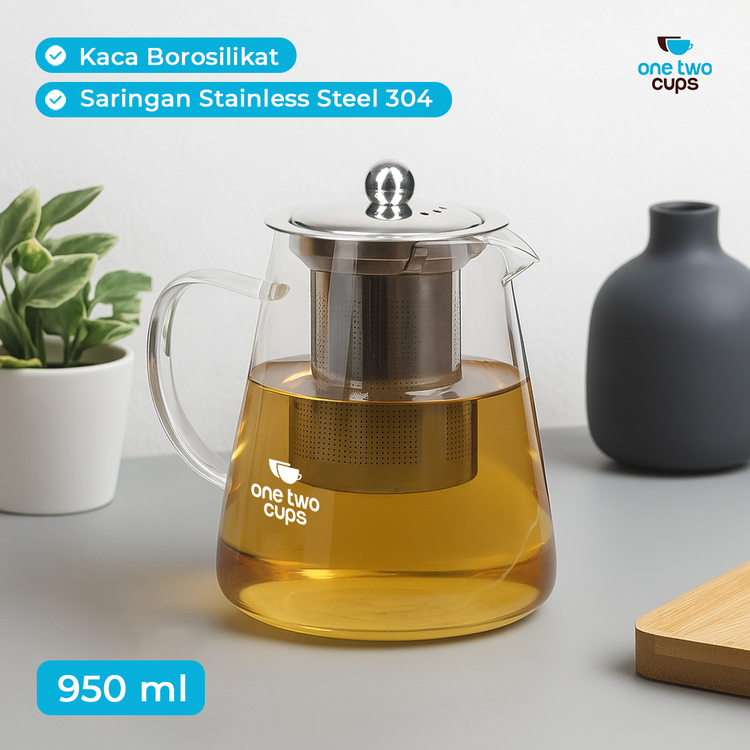 One Two Cups Teko Teh Kaca Saringan Tahan Panas Api Infuser Teapot 950ml - TP-760 Gambar produk One Two Cups Teko Teh Kaca Saringan Tahan Panas Api Infuser Teapot 950ml - TP-760