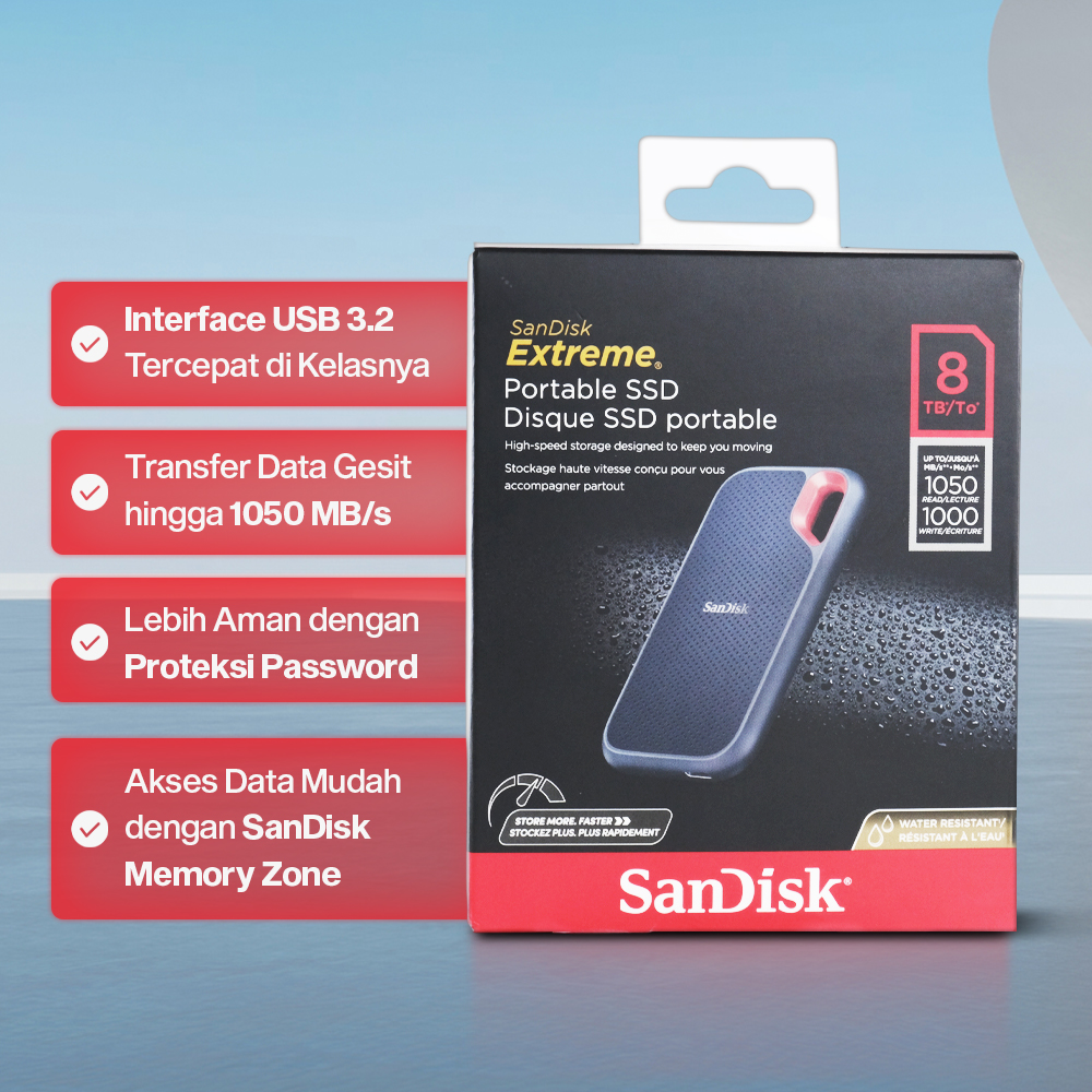 SanDisk Extreme Portable SSD 1050MB/s USB Type C 3.2 8TB - SDSSDE61 Gambar produk SanDisk Extreme Portable SSD 1050MB/s USB Type C 3.2 8TB - SDSSDE61