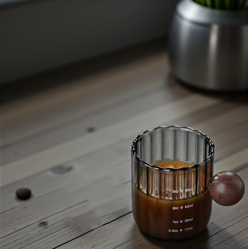 KEMORELA Gelas Takar Kopi Measuring Wooden Round Beads Glass 90ml - KS13 Gambar produk KEMORELA Gelas Takar Kopi Measuring Wooden Round Beads Glass 90ml - KS13