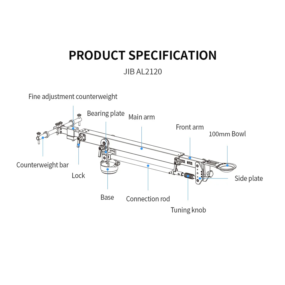 Gambar produk Nitze Mini Jimmy Jib Camera Crane Arm CNC Aluminium Bowl 100mm 2.1M - JIB-AL2120