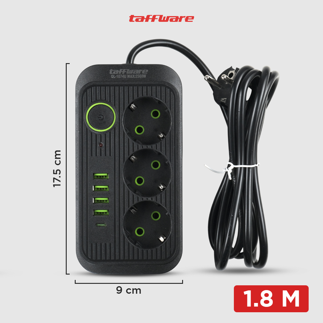 Gambar produk Taffware Stop Kontak Kabel USB Type C 10A 250V 2500W 1.8M 3 Lubang - QL-1074U