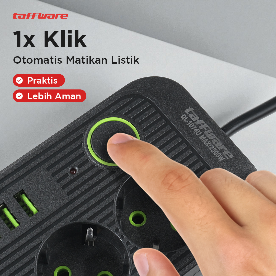 Gambar produk Taffware Stop Kontak Kabel USB Type C 10A 250V 2500W 1.8M 3 Lubang - QL-1074U