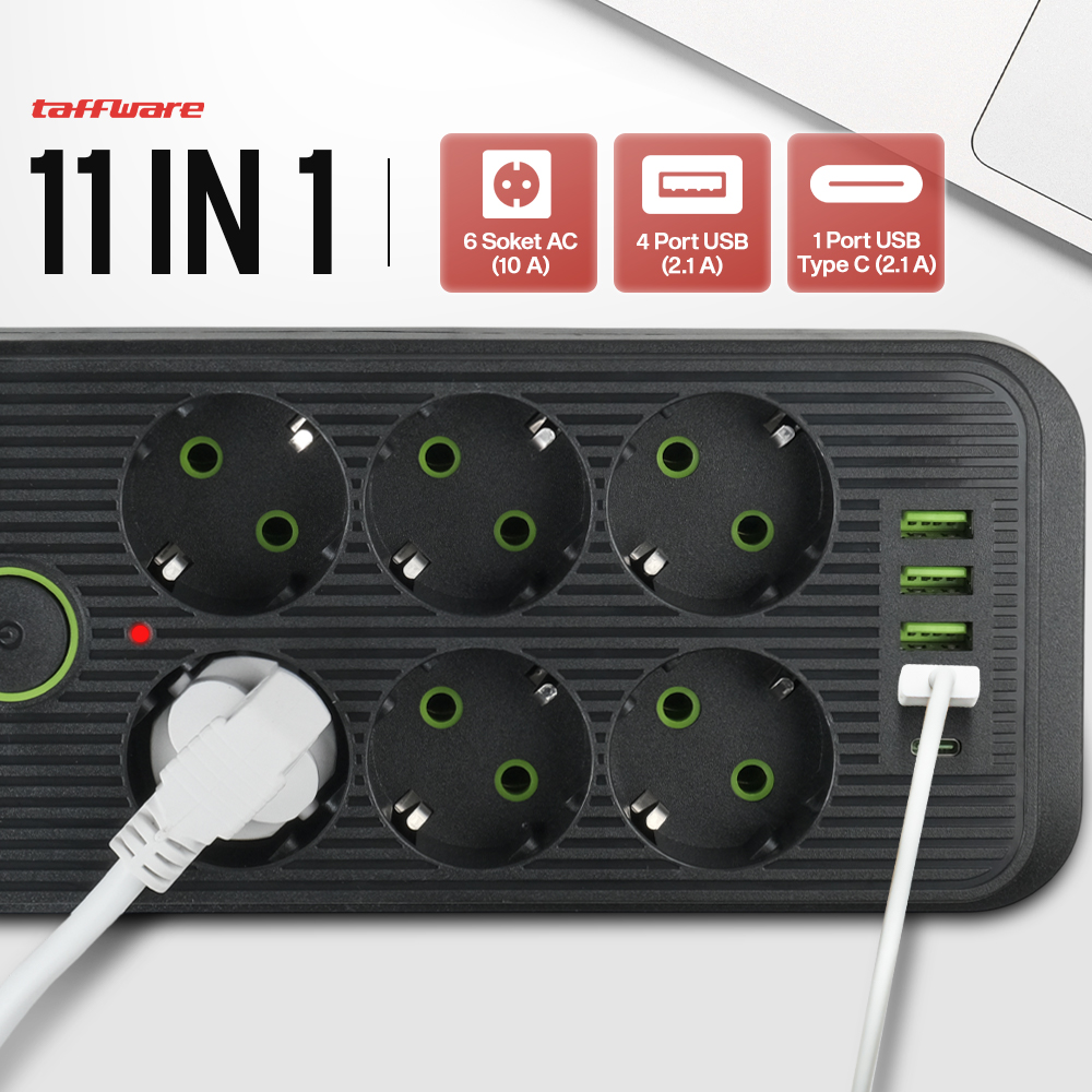 Gambar produk Taffware Stop Kontak Kabel USB Type C 10A 110-250V 2500W 1.8M 6 Lubang - QL-1075U