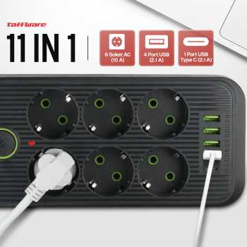 Gambar produk Taffware Stop Kontak Kabel USB Type C 10A 110-250V 2500W 1.8M 6 Lubang - QL-1075U