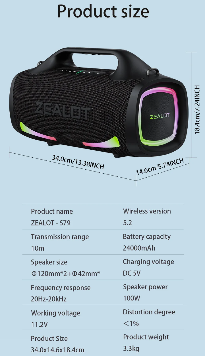 ZEALOT Speaker Bluetooth Portable Subwoofer Dual Pairing 24000mAh - S79 Gambar produk ZEALOT Speaker Bluetooth Portable Subwoofer Dual Pairing 24000mAh - S79