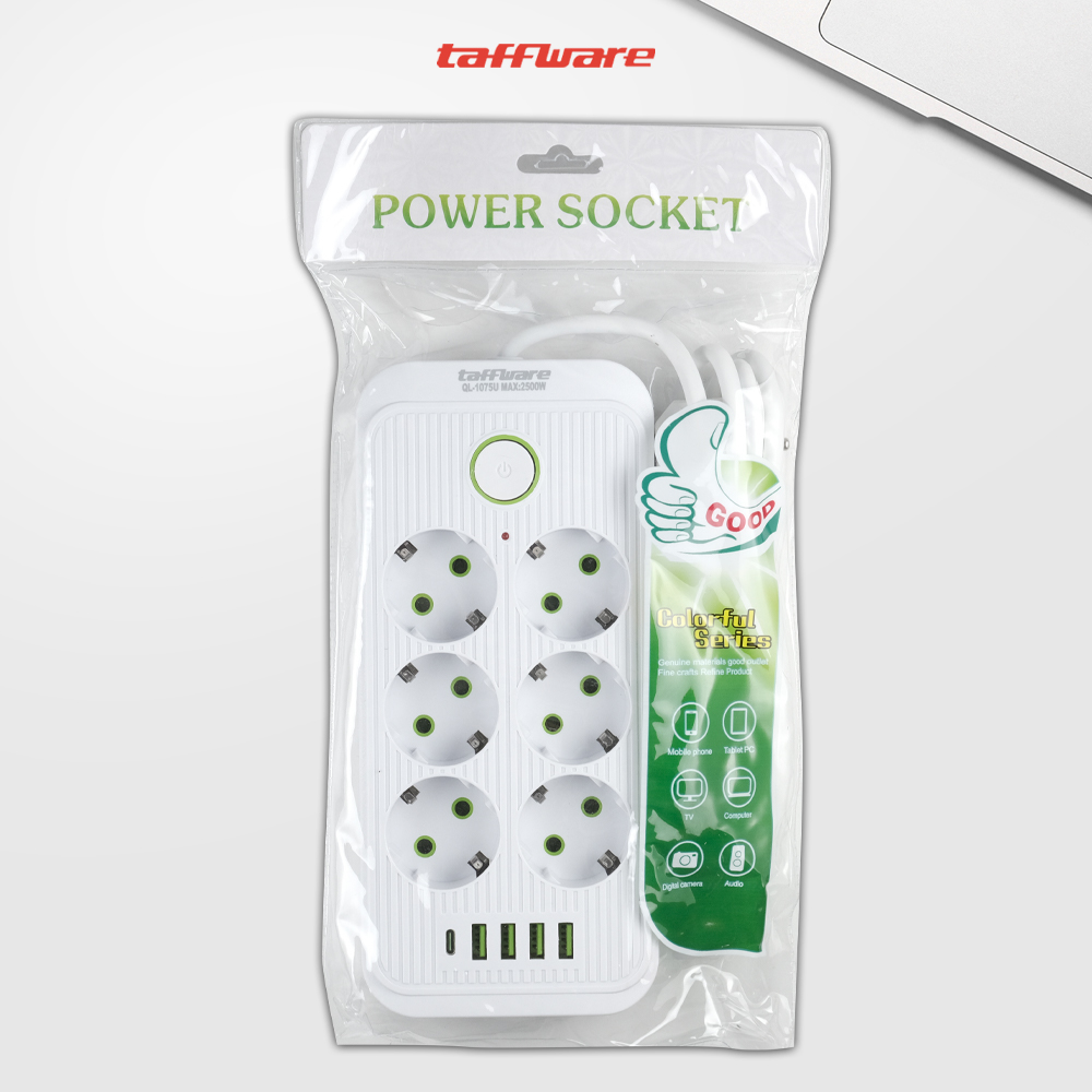 Gambar produk Taffware Stop Kontak Kabel USB Type C 10A 110-250V 2500W 1.8M 6 Lubang - QL-1075U