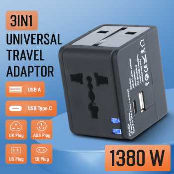 COKYI Travel Adaptor Universal Plug EU UK US/AU 2.4A USB A USB C - C021