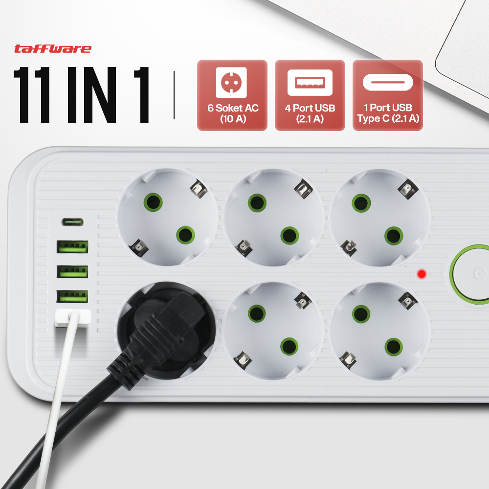 Gambar produk Taffware Stop Kontak Kabel USB Type C 10A 110-250V 2500W 1.8M 6 Lubang - QL-1075U