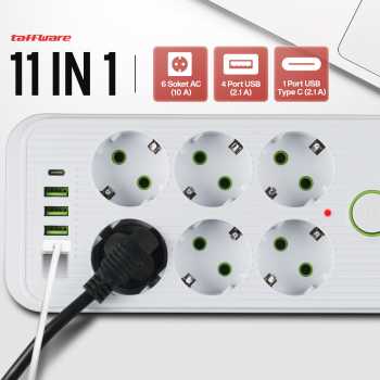 Gambar produk Taffware Stop Kontak Kabel USB Type C 10A 110-250V 2500W 1.8M 6 Lubang - QL-1075U