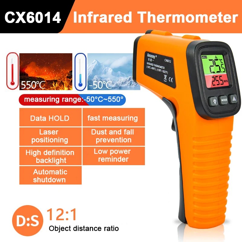 Anseny Termometer Industrial Digital Thermogun Infrared Dual Color LCD - CX6014 Gambar produk Anseny Termometer Industrial Digital Thermogun Infrared Dual Color LCD - CX6014
