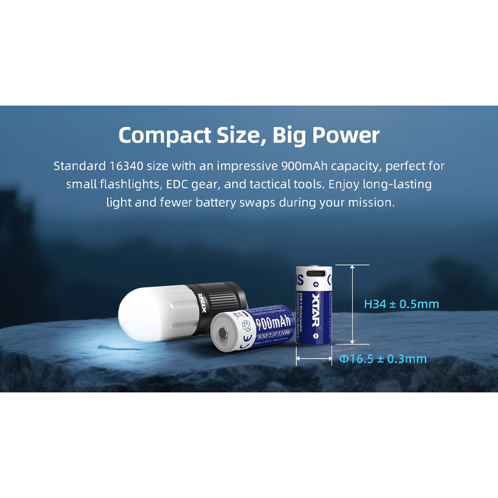 XTAR Baterai Rechargeable 16340 Li-Ion 900mAh Type C 3.6V 2.7A 1 PCS - XT-90 Gambar produk XTAR Baterai Rechargeable 16340 Li-Ion 900mAh Type C 3.6V 2.7A 1 PCS - XT-90