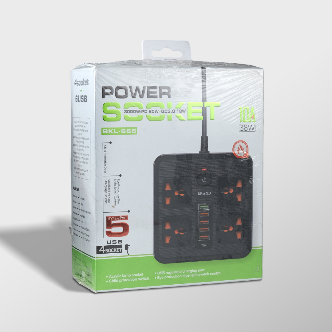 AMJ Stop Kontak Kabel USB Type C PD 10A 250V 3000W 2M 4 Lubang - BKL-666 Gambar produk AMJ Stop Kontak Kabel USB Type C PD 10A 250V 3000W 2M 4 Lubang - BKL-666