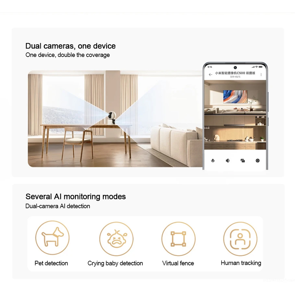 Xiaomi Kamera CCTV Dual Lens PTZ 360 Degree AI Detection WiFi 6 4MP - C500 Gambar produk Xiaomi Kamera CCTV Dual Lens PTZ 360 Degree AI Detection WiFi 6 4MP - C500