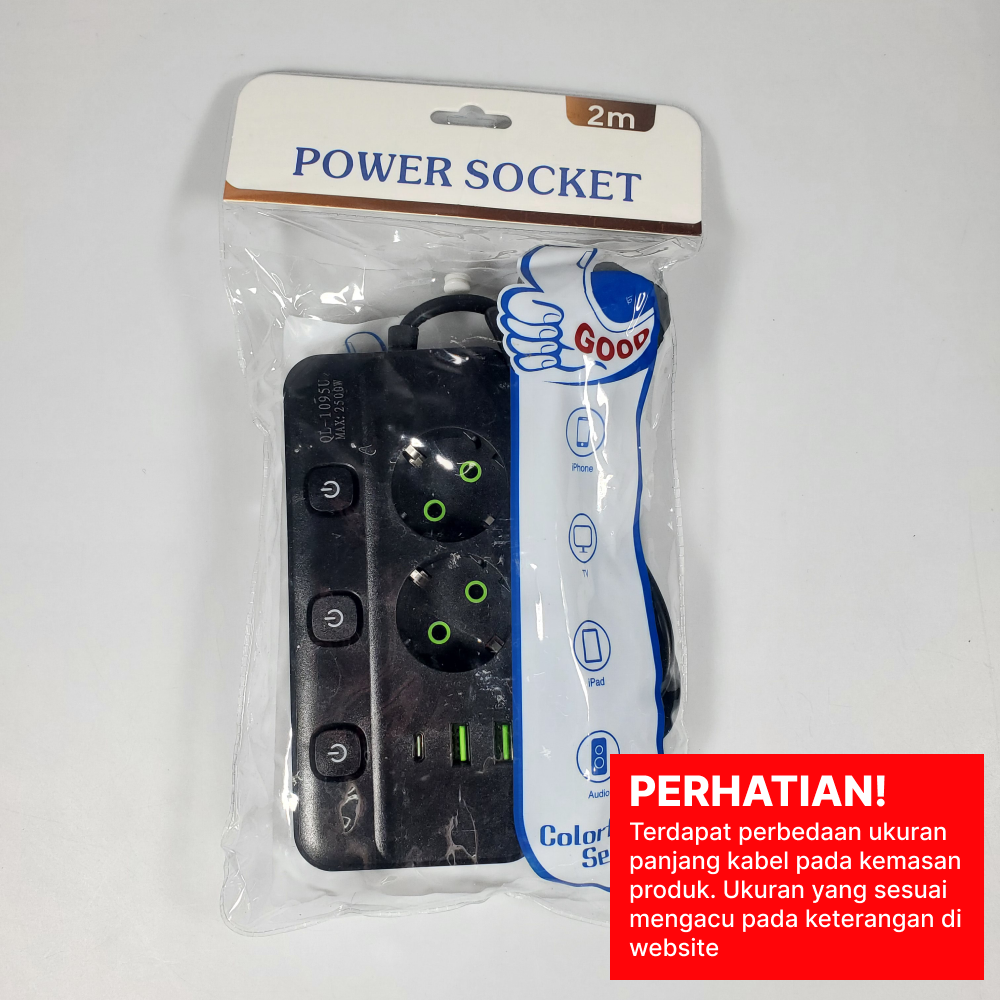 QIAOLIAN Stop Kontak Kabel USB Type C 10A 110-250V 2500W 1.8M 2 Lubang - QL-1095U Gambar produk QIAOLIAN Stop Kontak Kabel USB Type C 10A 110-250V 2500W 1.8M 2 Lubang - QL-1095U