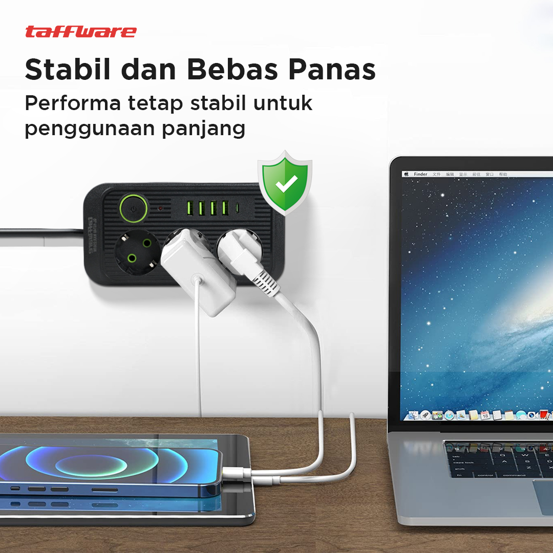 Gambar produk Taffware Stop Kontak Kabel USB Type C 10A 250V 2500W 1.8M 3 Lubang - QL-1074U