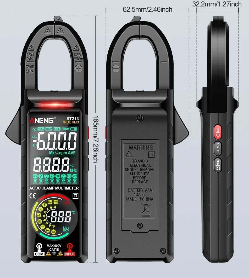 ANENG Clamp Meter Digital Multimeter 6000 Count Dual Screen NCV Tester - ST213 Gambar produk ANENG Clamp Meter Digital Multimeter 6000 Count Dual Screen NCV Tester - ST213