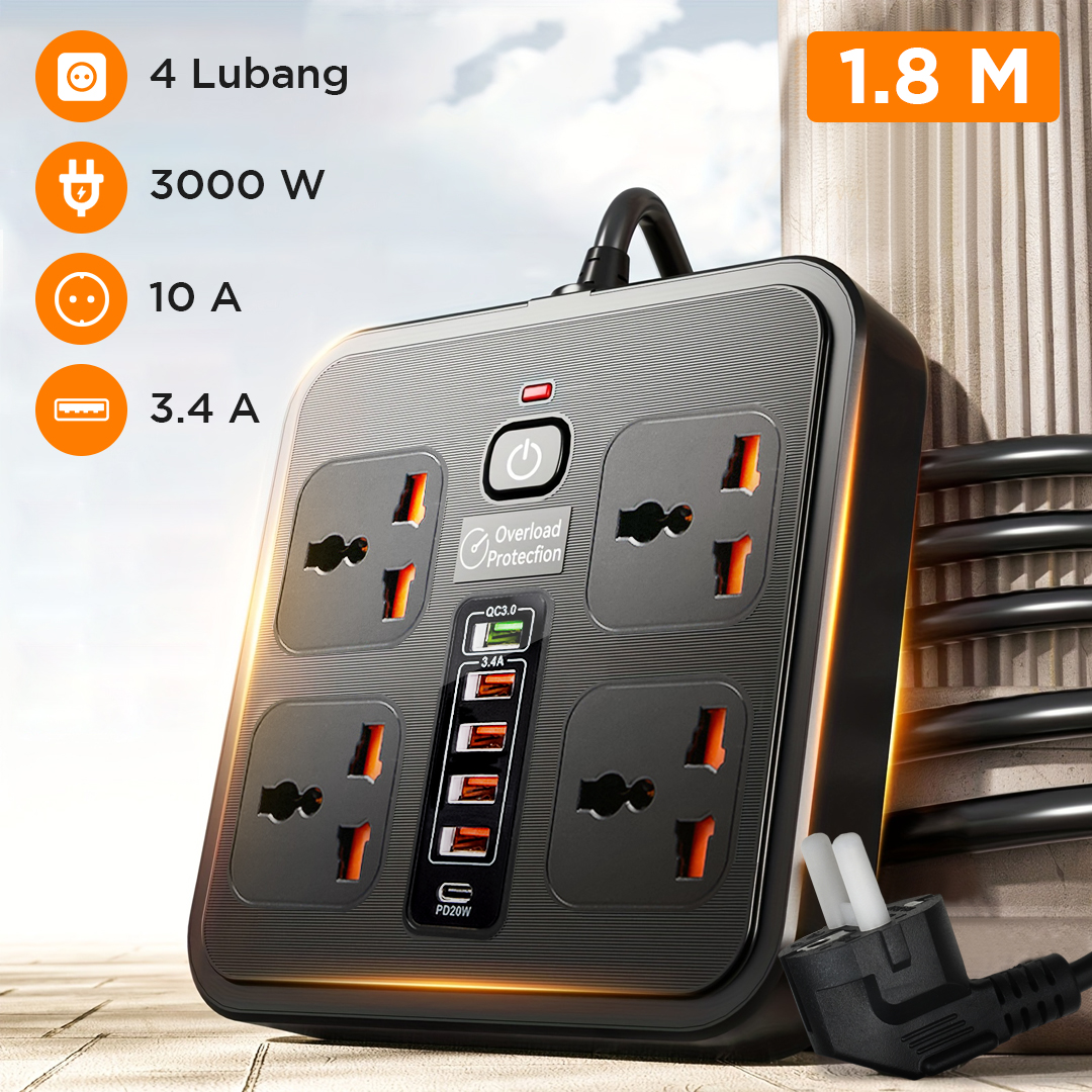 AMJ Stop Kontak Kabel USB Type C PD 10A 250V 3000W 2M 4 Lubang - BKL-666 Gambar produk AMJ Stop Kontak Kabel USB Type C PD 10A 250V 3000W 2M 4 Lubang - BKL-666