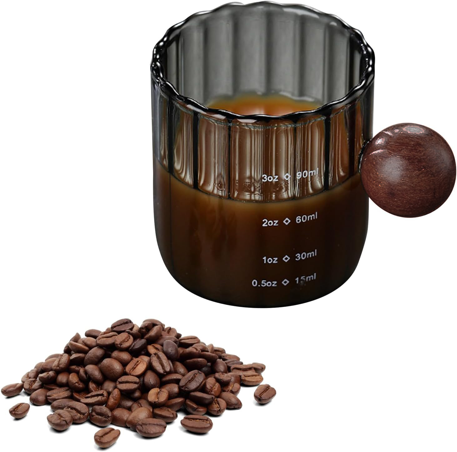 KEMORELA Gelas Takar Kopi Measuring Wooden Round Beads Glass 90ml - KS13 Gambar produk KEMORELA Gelas Takar Kopi Measuring Wooden Round Beads Glass 90ml - KS13