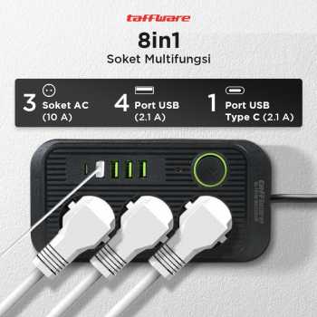 Gambar produk Taffware Stop Kontak Kabel USB Type C 10A 250V 2500W 1.8M 3 Lubang - QL-1074U