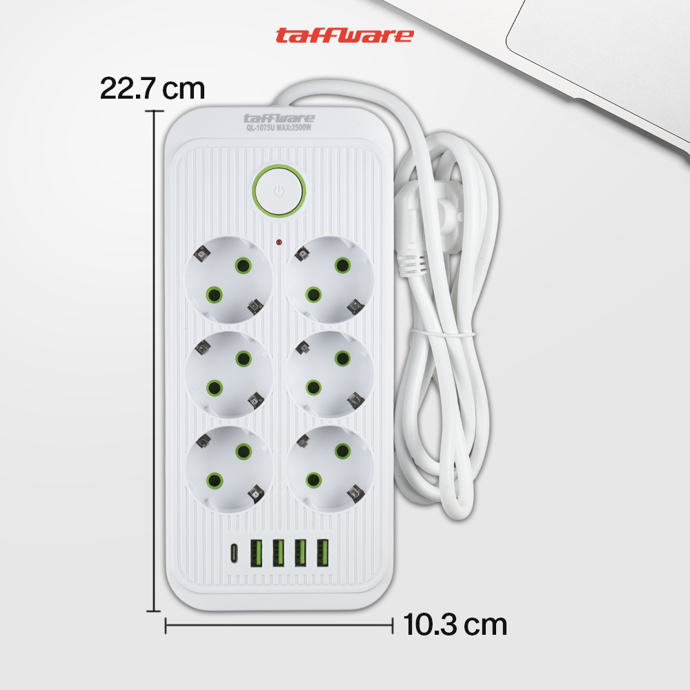 Gambar produk Taffware Stop Kontak Kabel USB Type C 10A 110-250V 2500W 1.8M 6 Lubang - QL-1075U