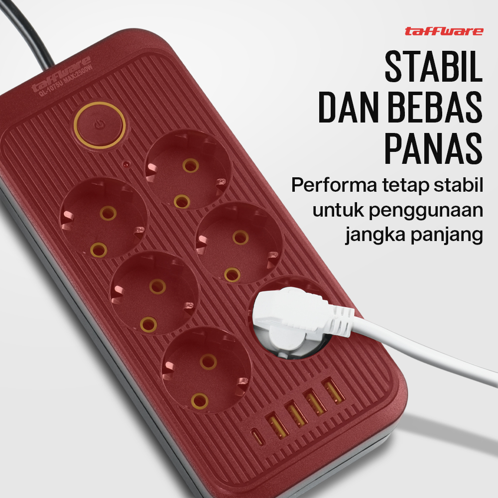 Gambar produk Taffware Stop Kontak Kabel USB Type C 10A 110-250V 2500W 1.8M 6 Lubang - QL-1075U