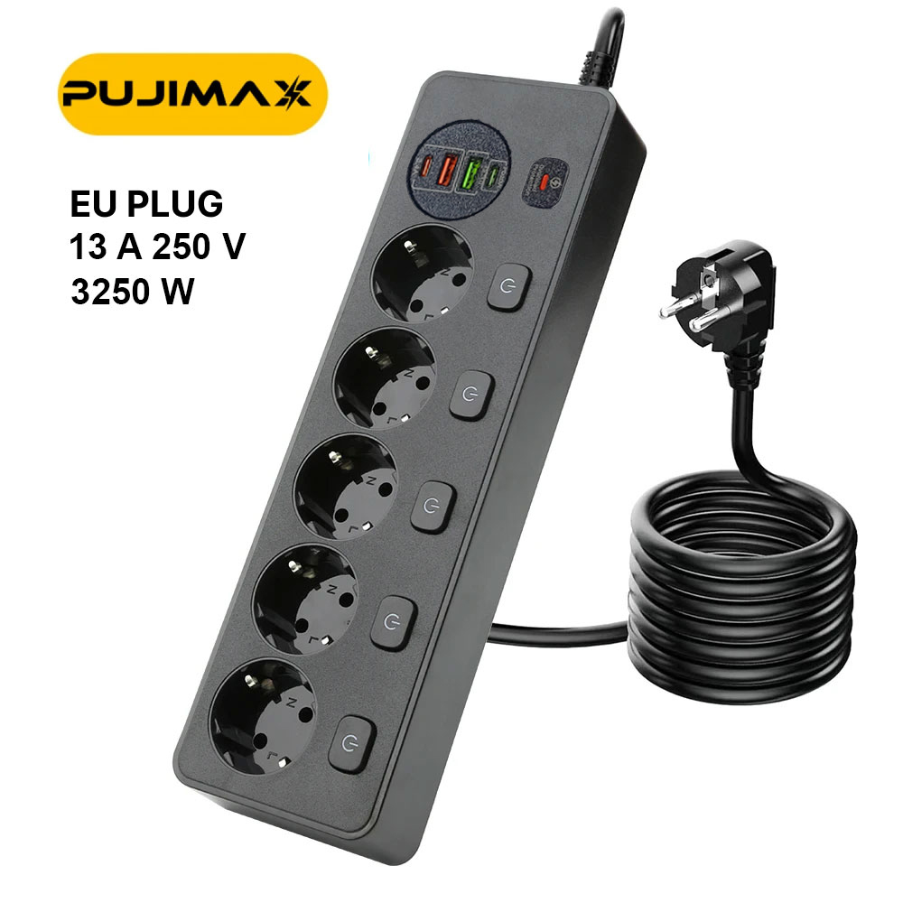 Gambar produk PUJIMAX Stop Kontak Kabel USB Type C 13A 250V 3250W 1.8M 5 Lubang - BKL-505EU