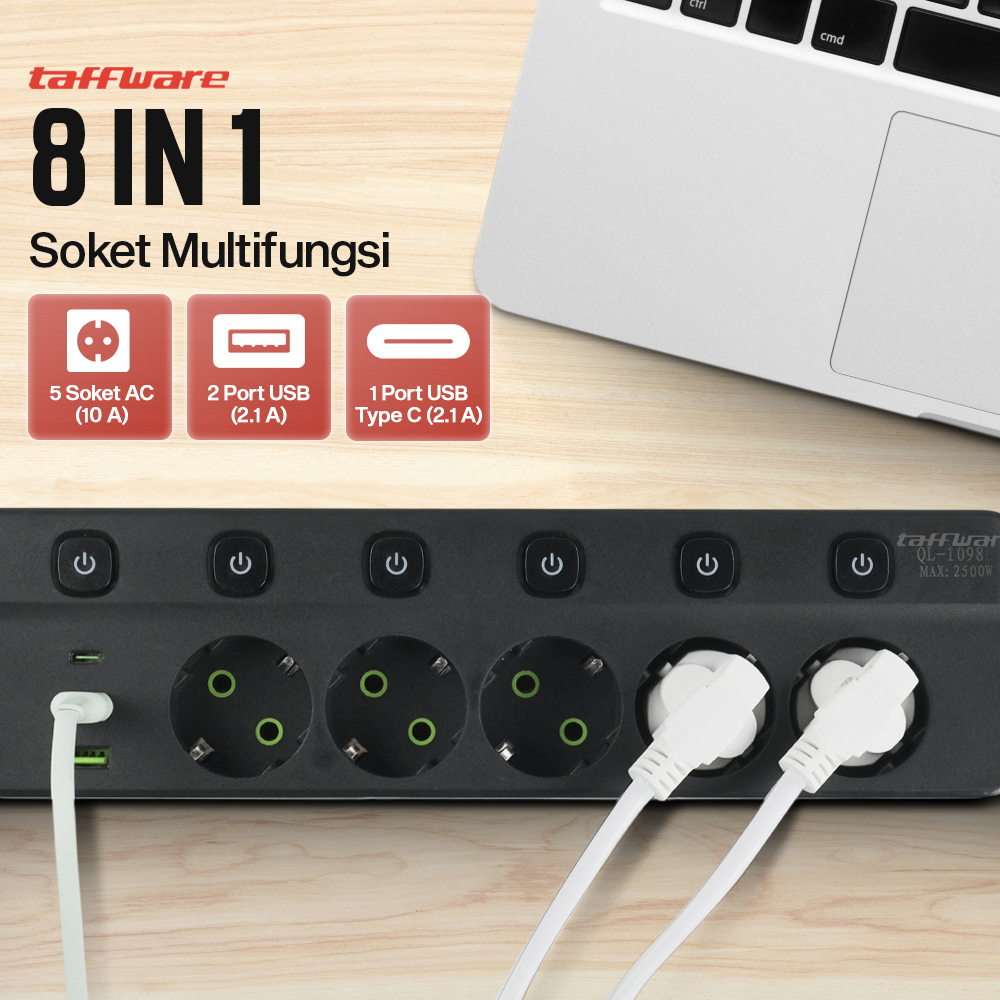 Taffware Stop Kontak Kabel USB Type C 10A 110-250V 2500W 1.8M 5 Lubang - QL-1098U Gambar produk Taffware Stop Kontak Kabel USB Type C 10A 110-250V 2500W 1.8M 5 Lubang - QL-1098U